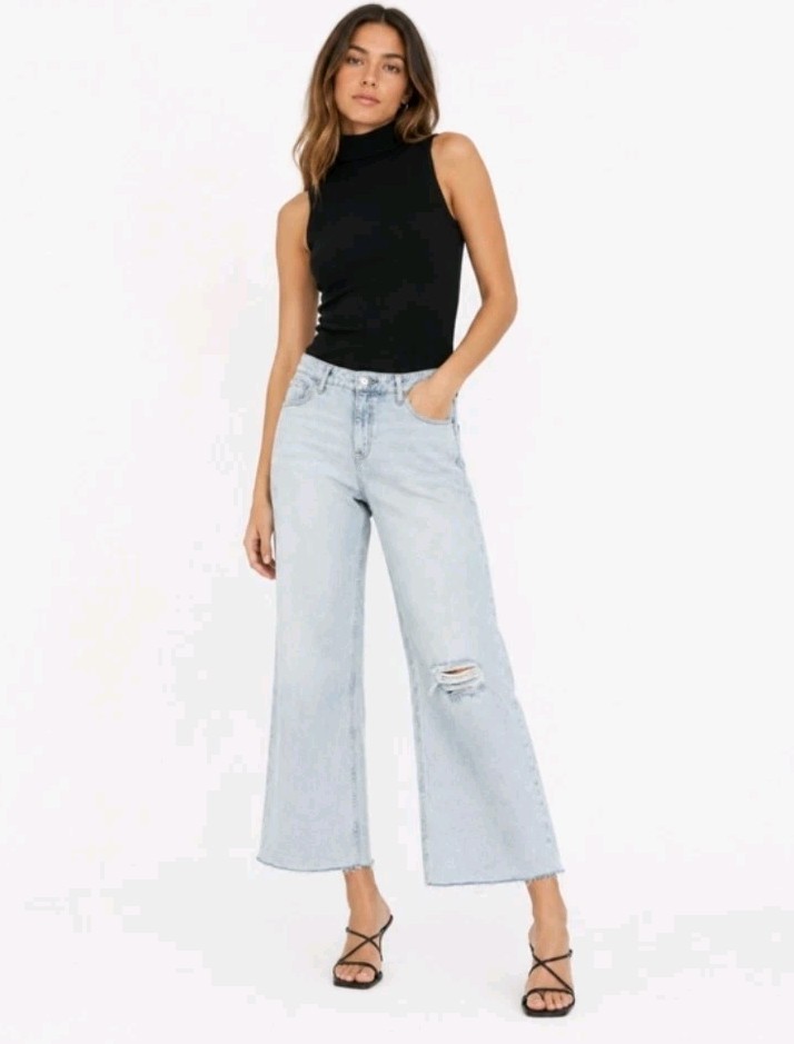 Women’s Light Wash Wide-Leg Distressed Cropped Denim Jeans 5-Pocket Raw Hem 16