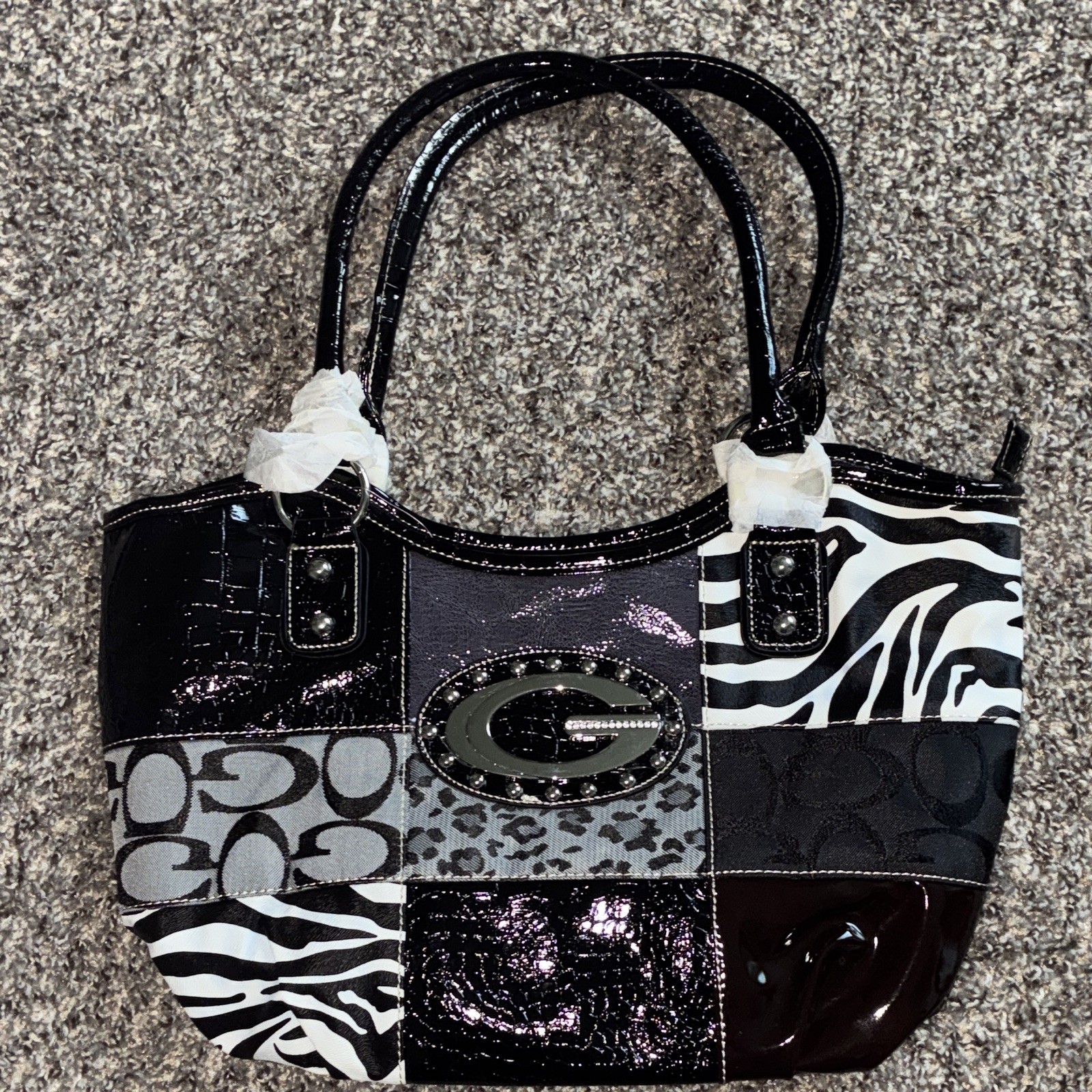 Guess Zebra Animal Print Satchel Top Handle Zip Black White.