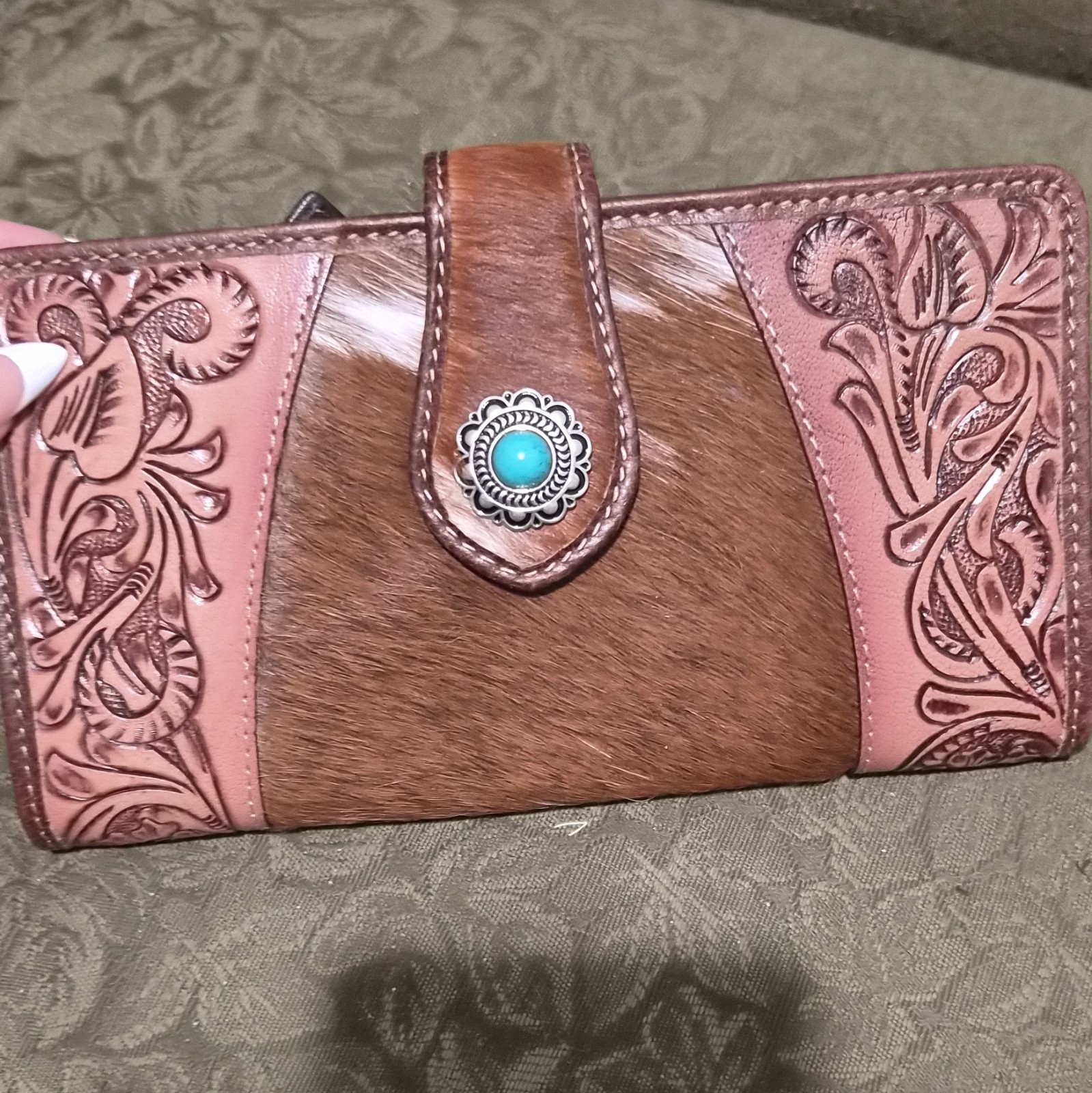 Myra Bag Brown RFID Blocking Folding Wallet w/ Snap Closure & Turquoise Concho