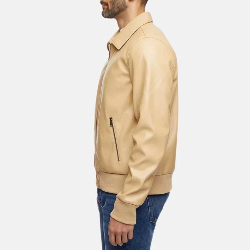 NEW Men’s Beige Bomber Leather Jacket Pure Lambskin Size S M L XL XXL Customize