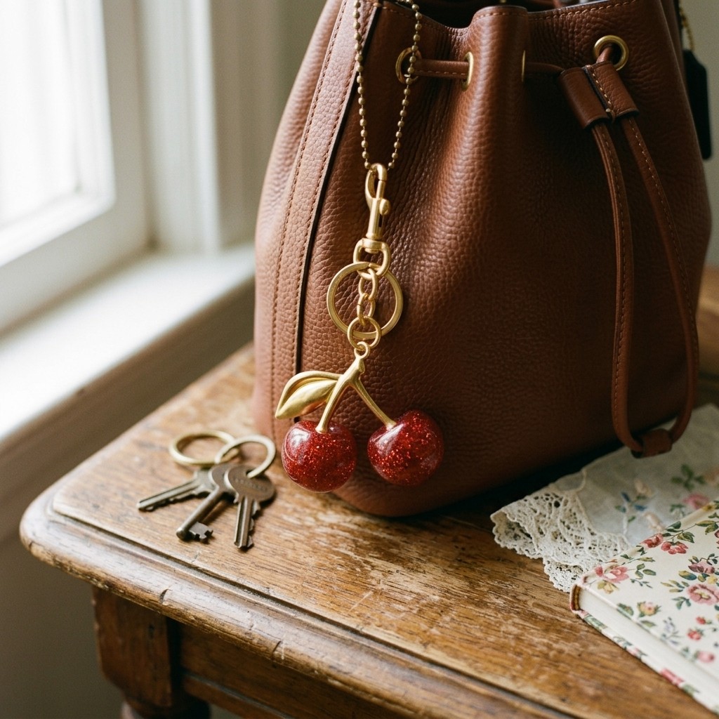 Glitter Red Cherry Resin Metal Keychain Bag Pendant Decor Single Piece