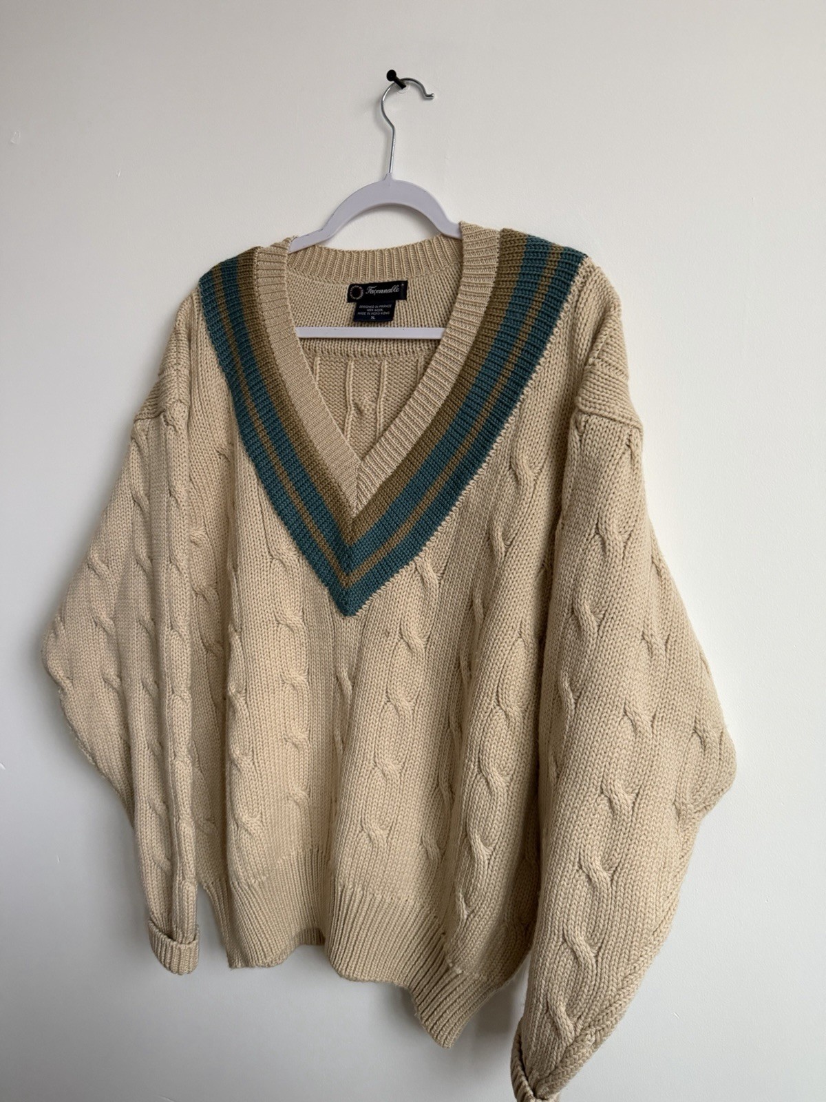 Faconnable Beige Blue Green Cable-Knit V-Neck Pullover Sweater XL Striped Trim