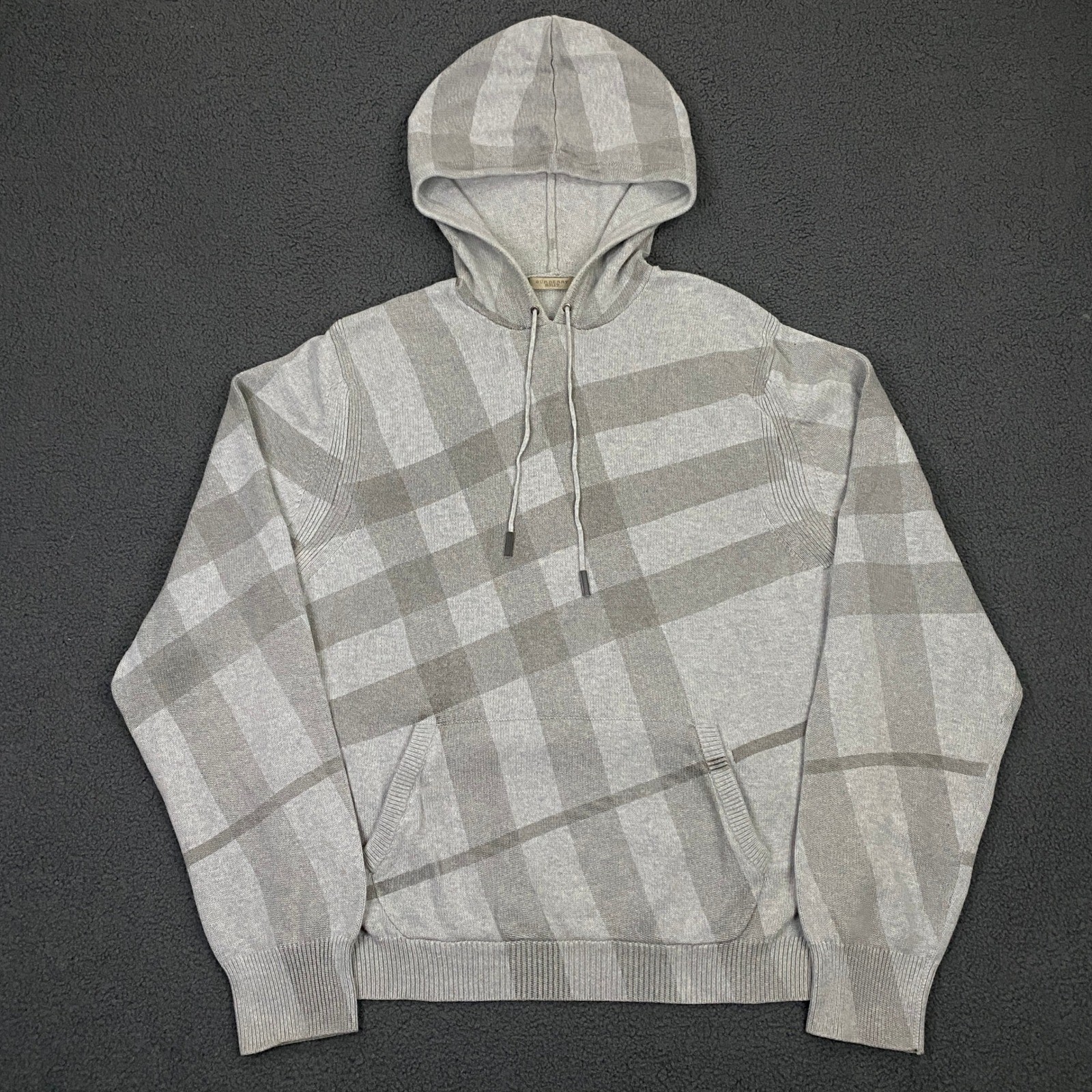 Burberry Brit Hoodie FITS Mens Large Gray Nova Check Plaid Knit Sweater Pullover