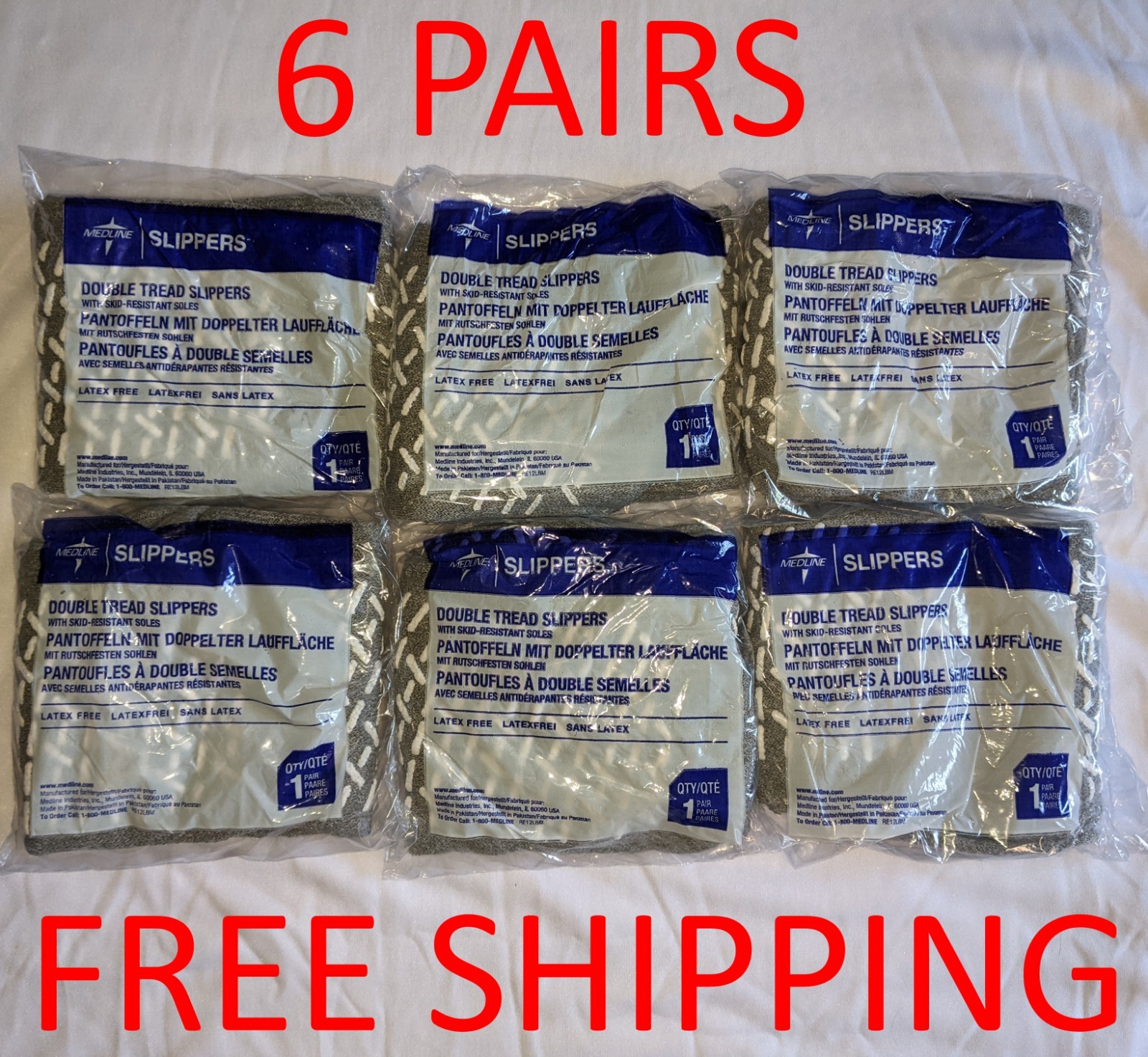 6 Pair Medline XXL Double-Tread Hospital Slipper Socks Gray 2XL Free Shipping!!