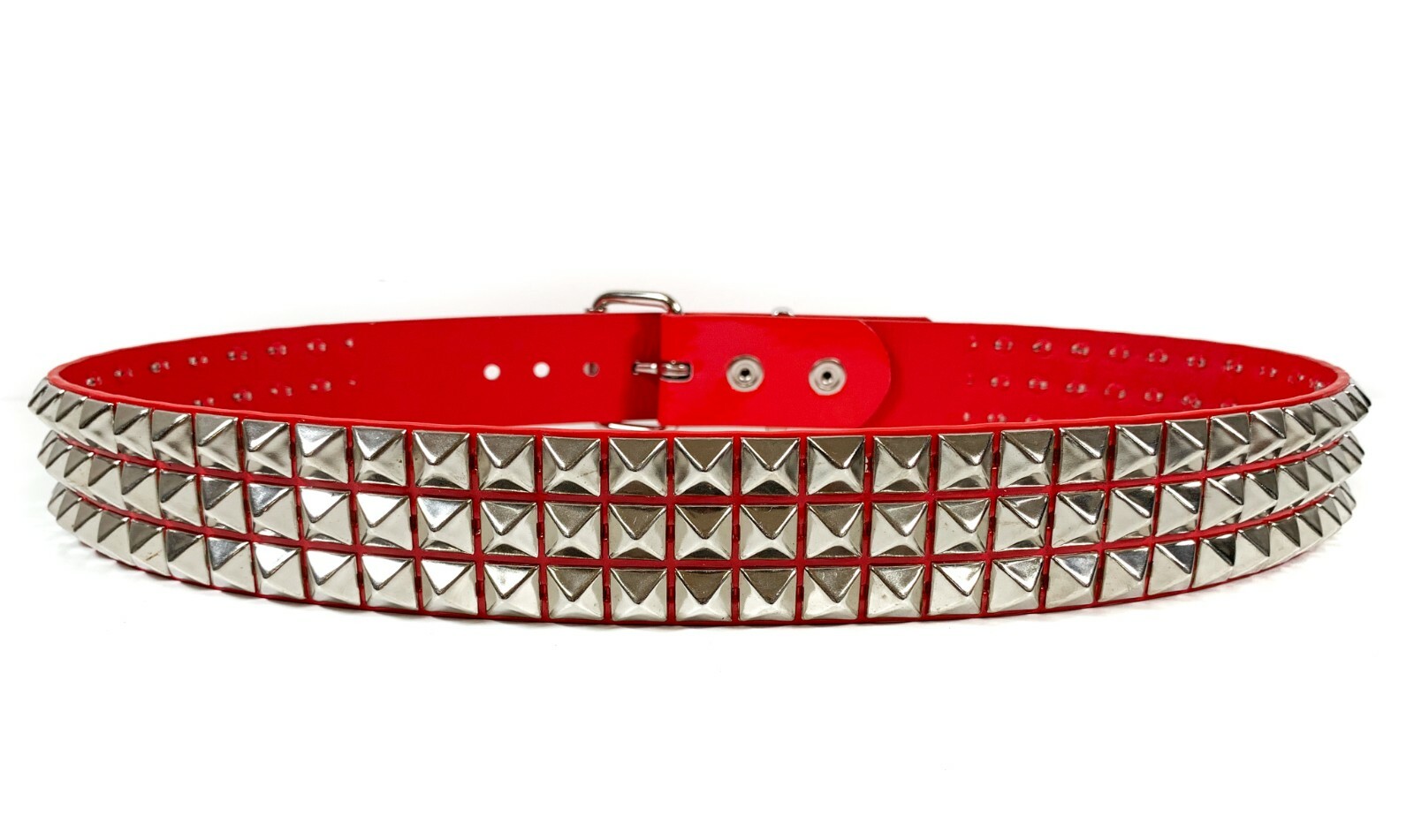 Red Patent Three Row Pyramid Stud Belt Genuine Punk Goth Metal Funk Plus