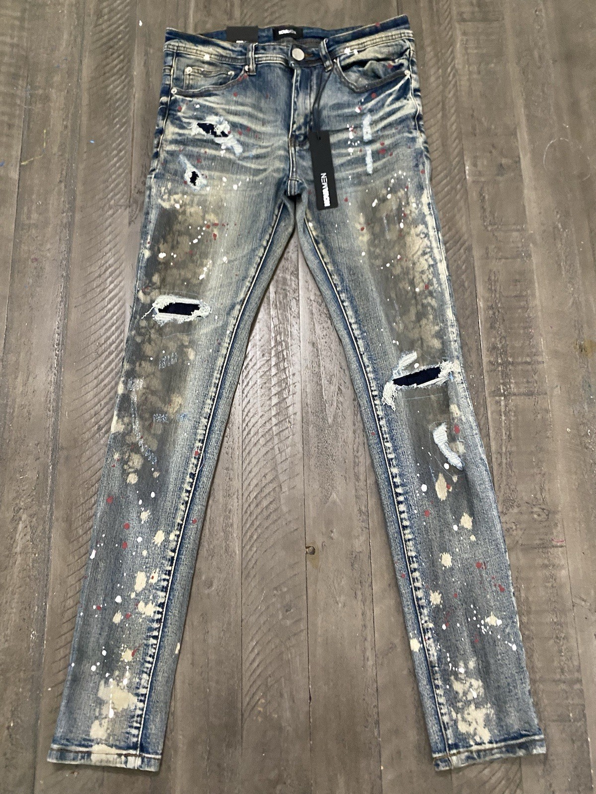 NWT NovaMen Fashion Nova 30×33 Blue Stacked Skinny Paint Splat Distressed Ripped