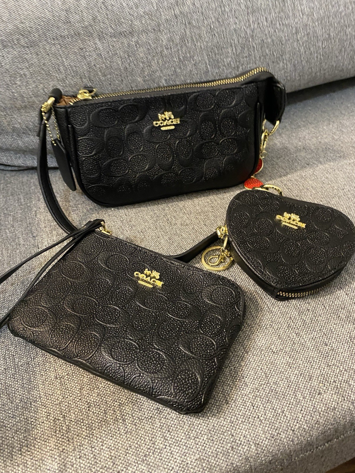 Coach Signature Logo Black Wristlet Zip Pouch Set Coin Purse Gold Hardware