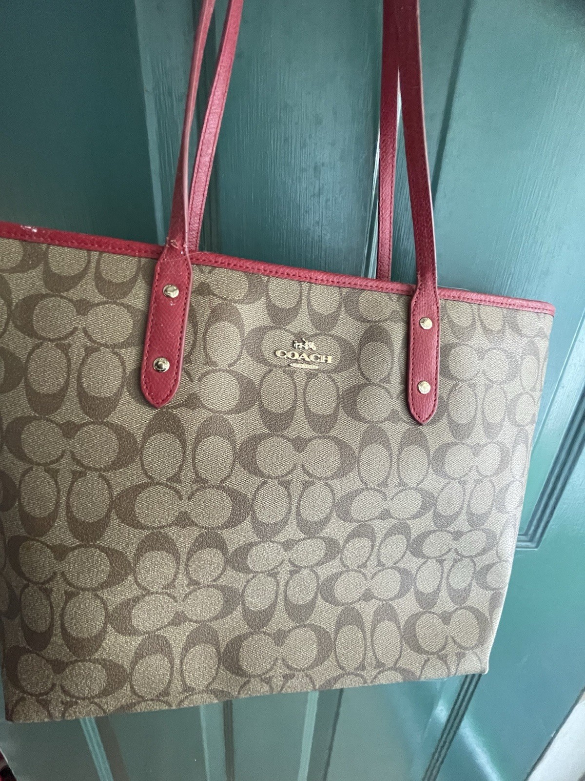 Coach Signature Tote Bag Brown Beige Red Zip Top Double Handles Inner Pockets