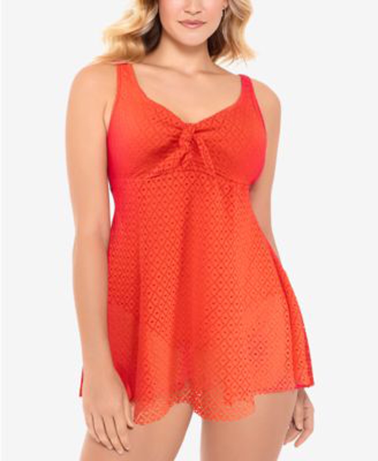 SWIM SOLUTIONS Crochet Bow Front One Piece Swimdress TC Size 10 Coral Retail$109