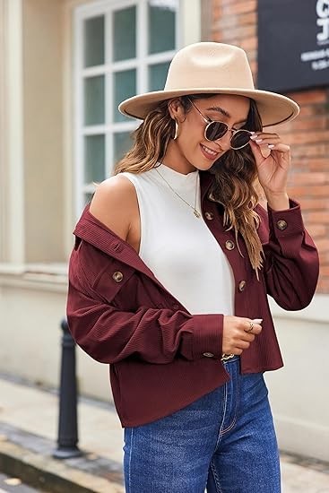 Womens Fashion Cropped Corduroy Shacket Button Down Fall Long Sleeve Top