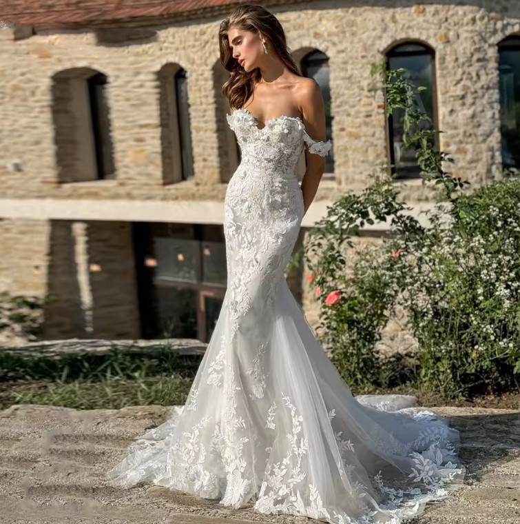 Off Shoulder Mermaid Wedding Dresses 3D Floral Lace Tulle Train Bridal Gown