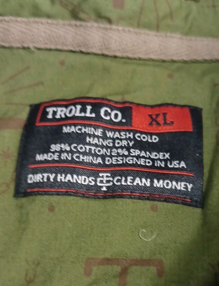 Troll Co Button Up Shirt Mens Sz XL Green Short Sleeve Logo Pocket (L4)