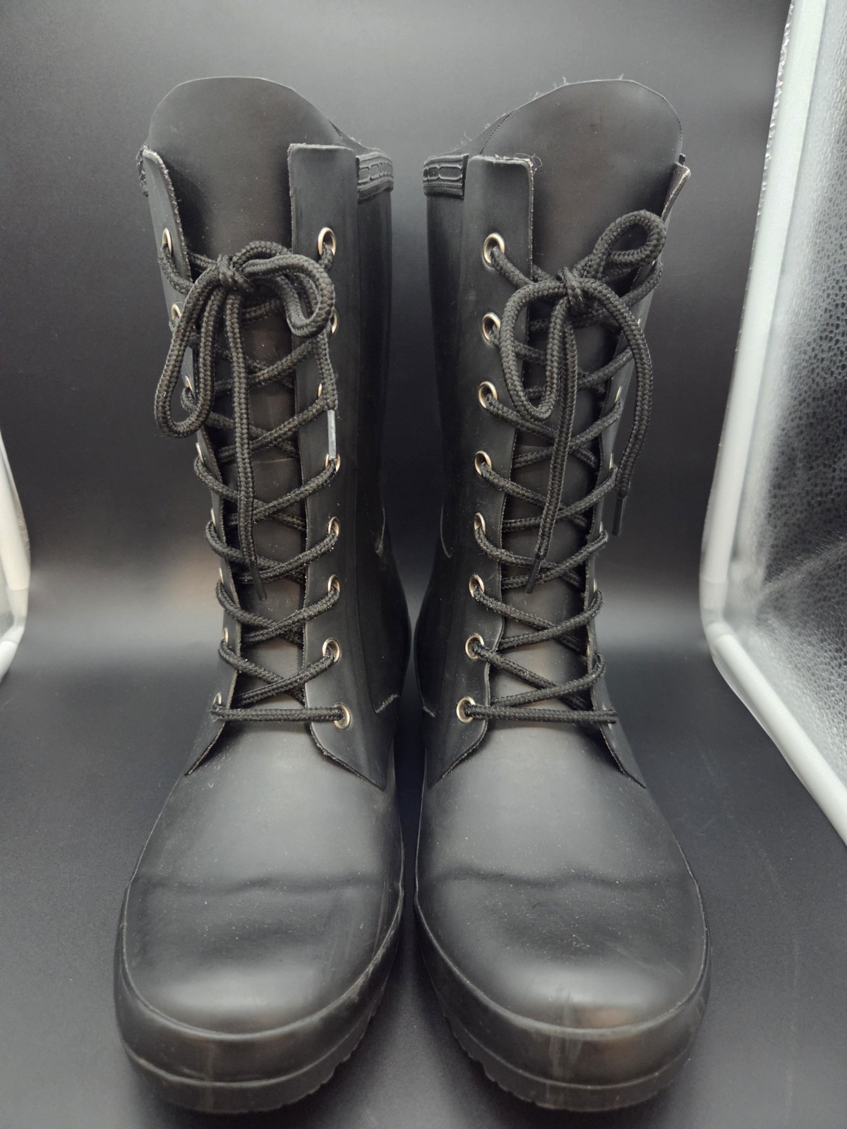 Roma Epaga Matte Black Rubber Lace Up Rain Boots Womens Sz 8 Mid Calf Waterproof