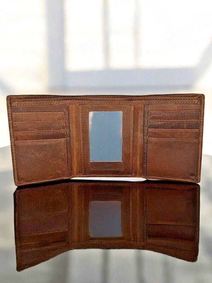 RFID Blocking Brown Vintage Leather Men’s Trifold Center Flap Wallet NEW
