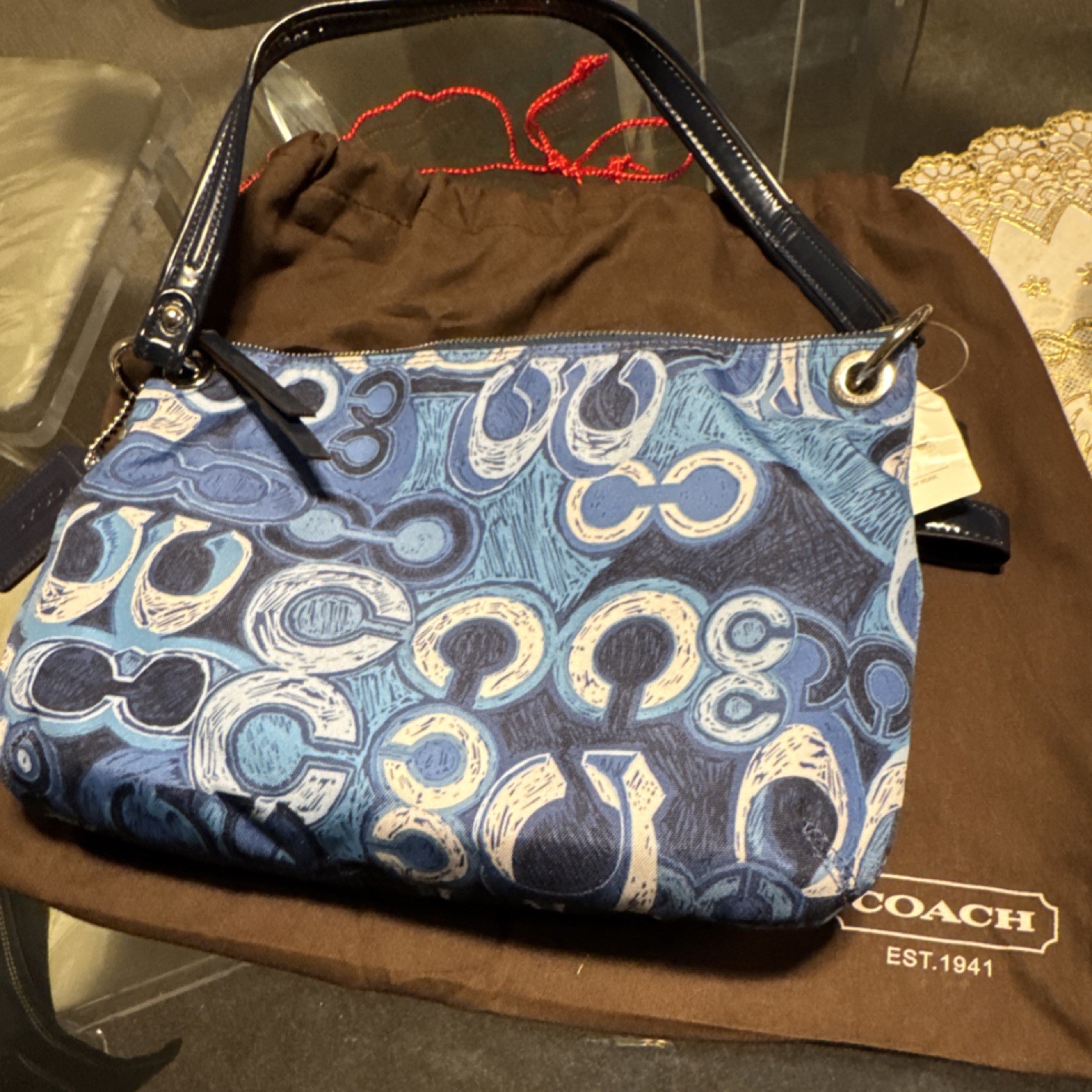 Coach Blue White Logo Pattern Shoulder Bag Detachable Strap Designer Accent