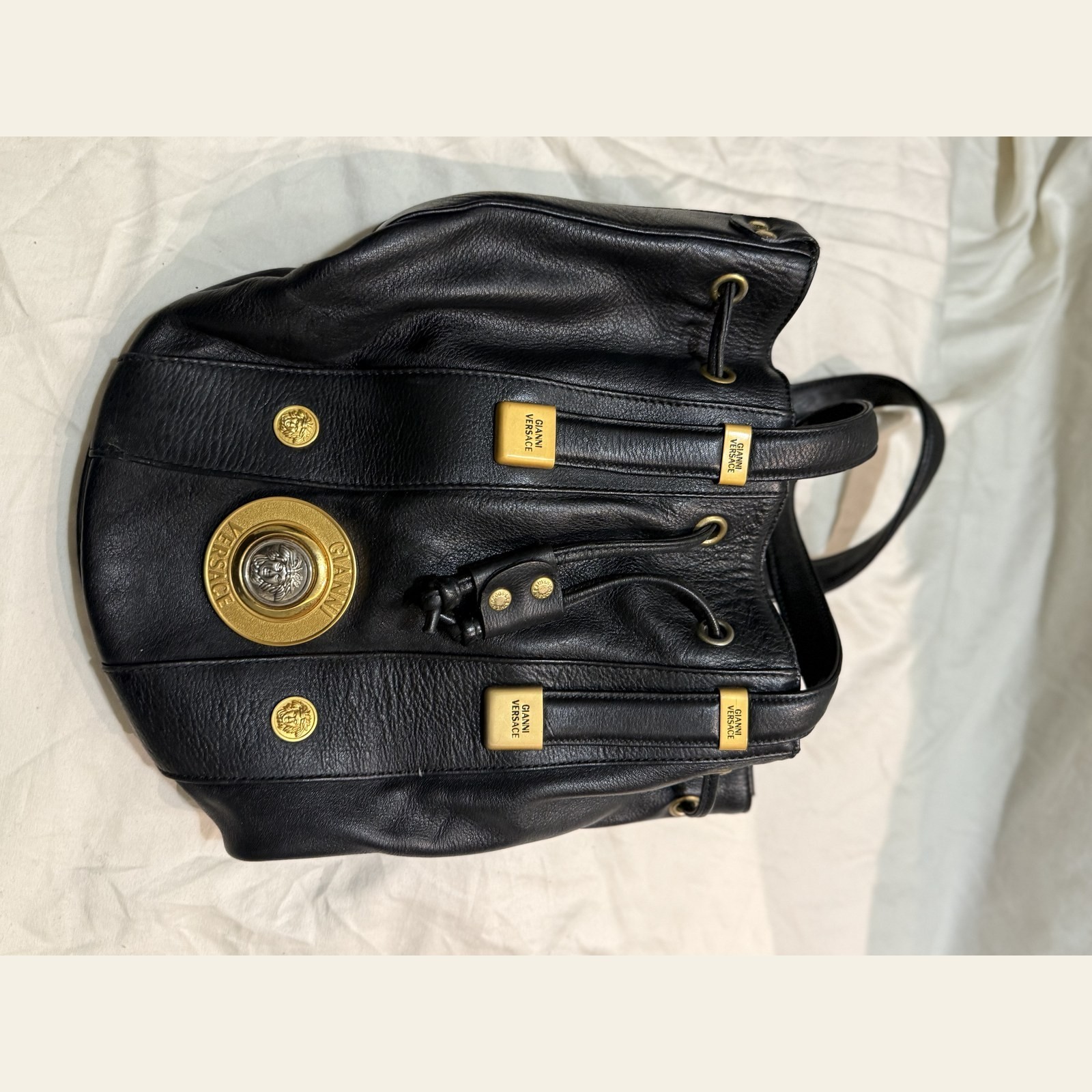 Gianni Versace Medusa Leather Drawstring Bucket Bag Black Vintage 1990s Auth