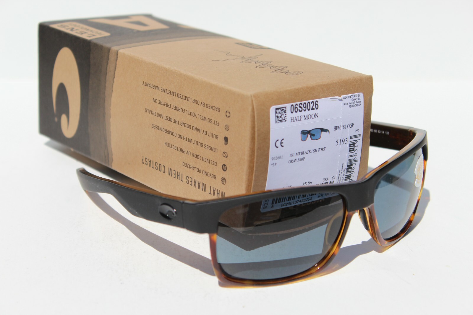 COSTA DEL MAR Half Moon 580P POLARIZED Sunglasses Matte Black Tortoise/Gray NEW