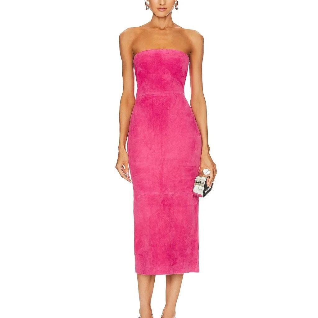Barbie-Inspired Real Suede Leather Tube Dress Pink Suede Leather Midi Gown