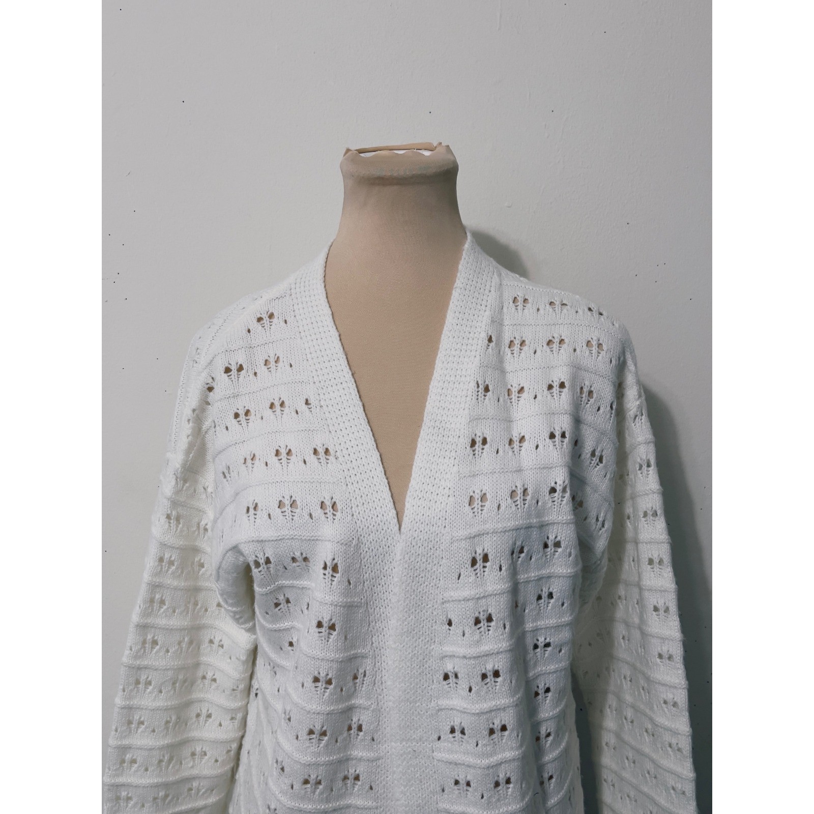 Womens White Pointelle Knit Open Front Longline Cardigan Medium Preppy Coastal
