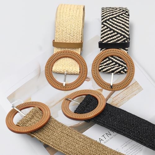 4 Pack Straw Woven Elastic Stretch Waist Belts, Boho Waist Braided Round Buckle
