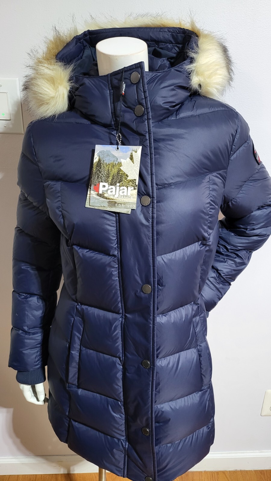 NEW PAJAR WOMEN’S POXY FAUX FUR TRIM QUILTED PUFFER NAVY DOWN COAT SIZE M