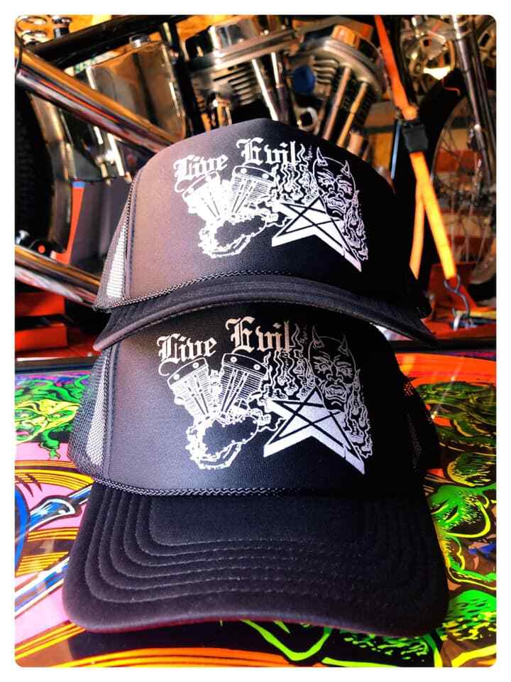 LIVE EVIL TRUCKER HAT Demon & Shovelhead engine old school design biker harley