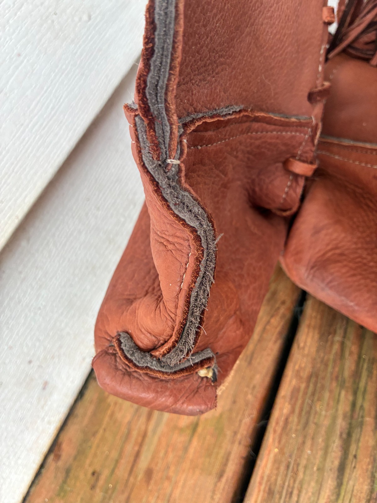 natural bison deer leather moccasins boots men US 12, brown color, tassels, bone