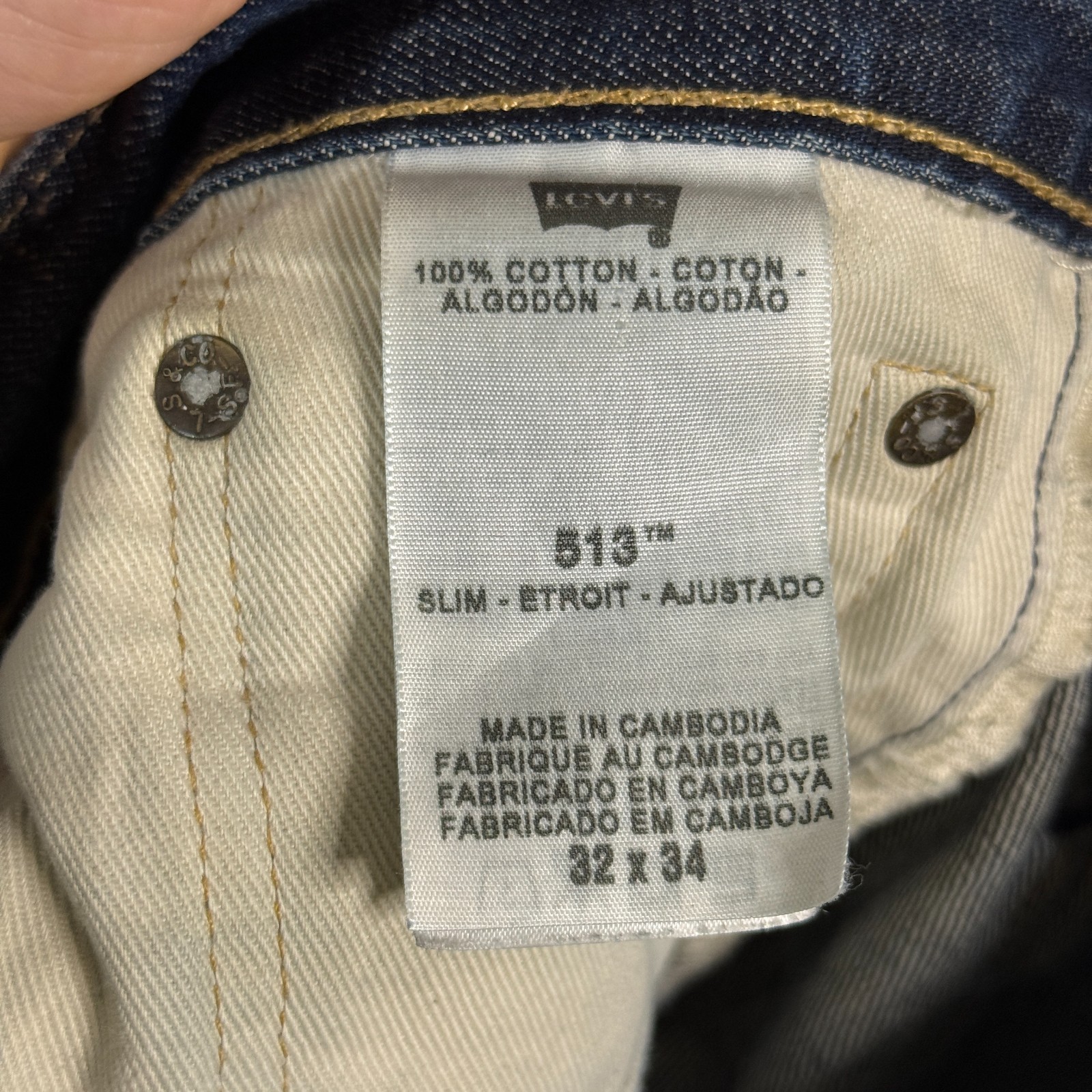 Levis Jeans Mens 32×34 Blue 513 Slim Fit Selvedge Dark Denim Whisker Distressed