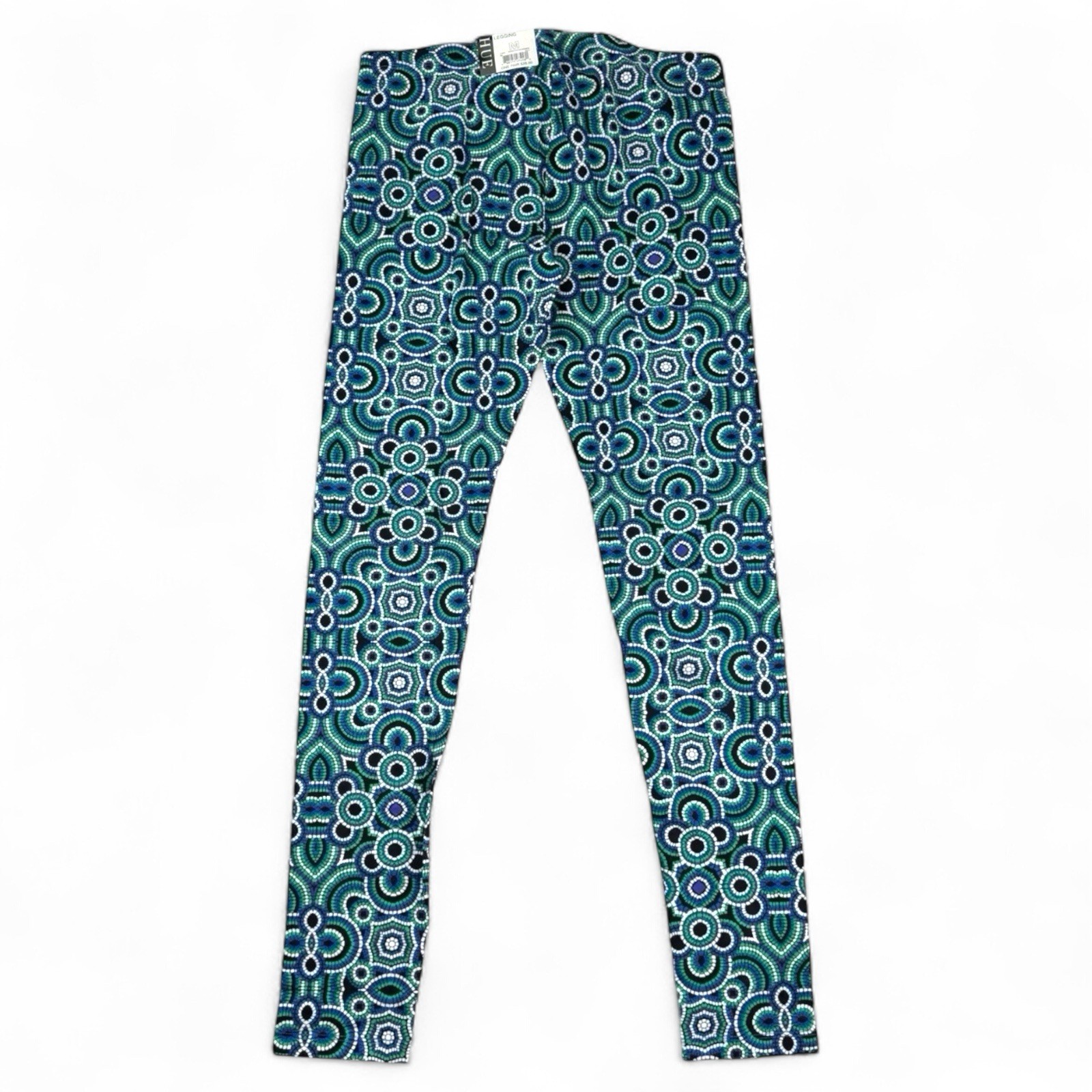 Hue Cotton Leggings Womens Size M Blue Green Colorful All Over Mosaic New