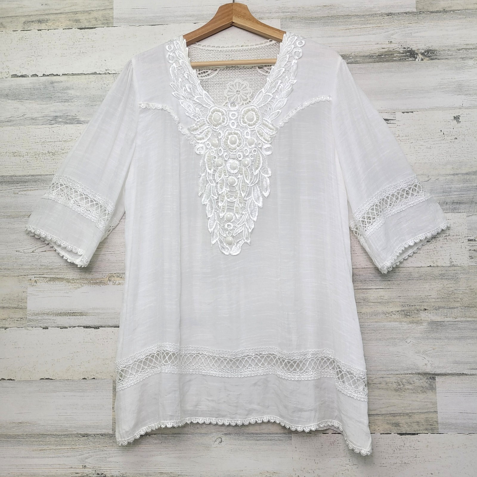 Pretty Angel White Crochet Trim Blouse L Pearl Embellished Scoop Neck Sheer Top