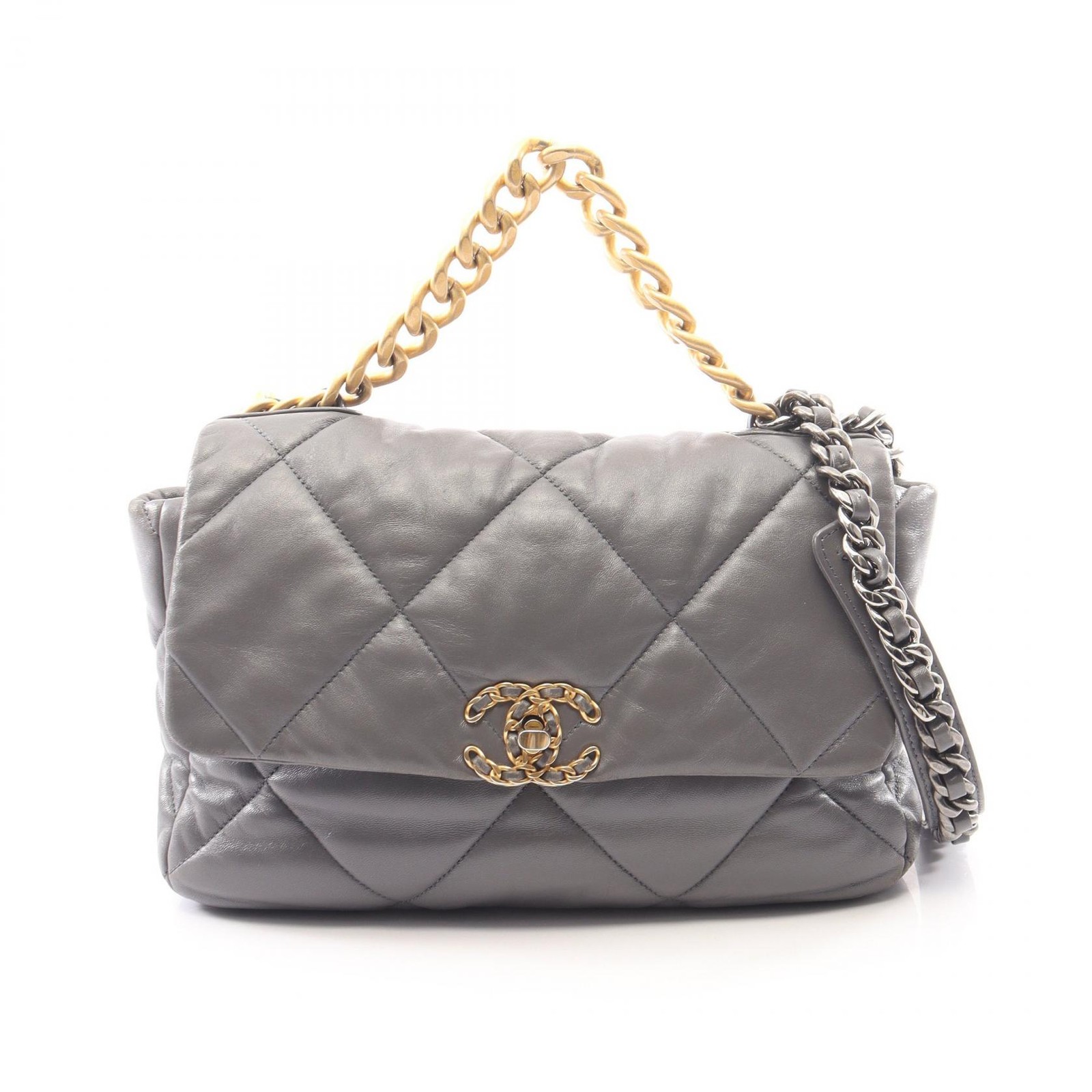 CHANEL 19 dix-neuf Matelasse 2WAY Chain Shoulder Bag leather Gray GHW Used CC