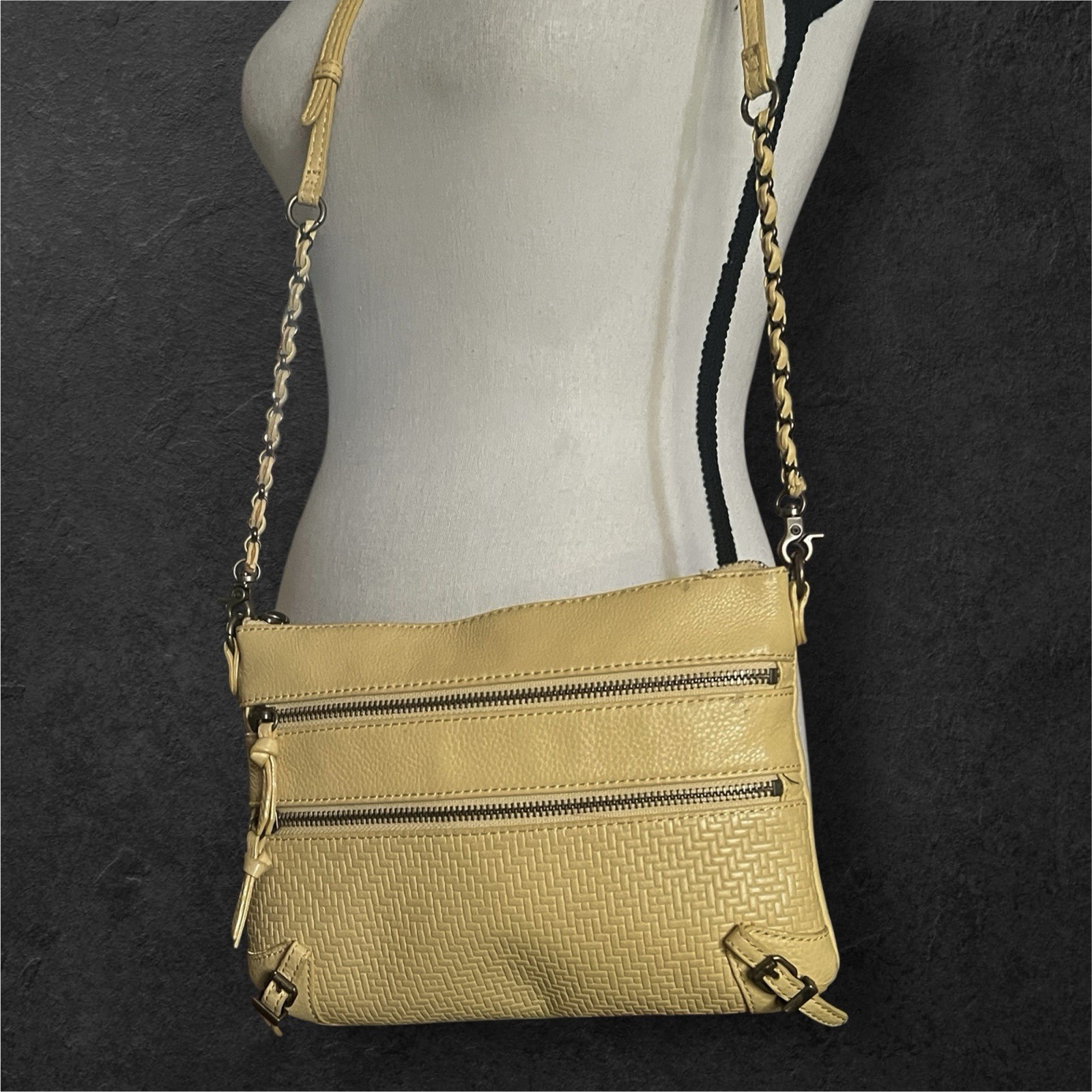 Elliott Lucca Pebbled Leather Buttery mustard color Crossbody Handbag.