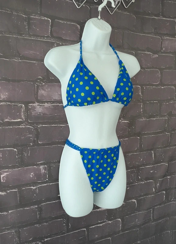 Women’s Polka Dot Bikini UK 10 blue green tanga padded string high leg holiday