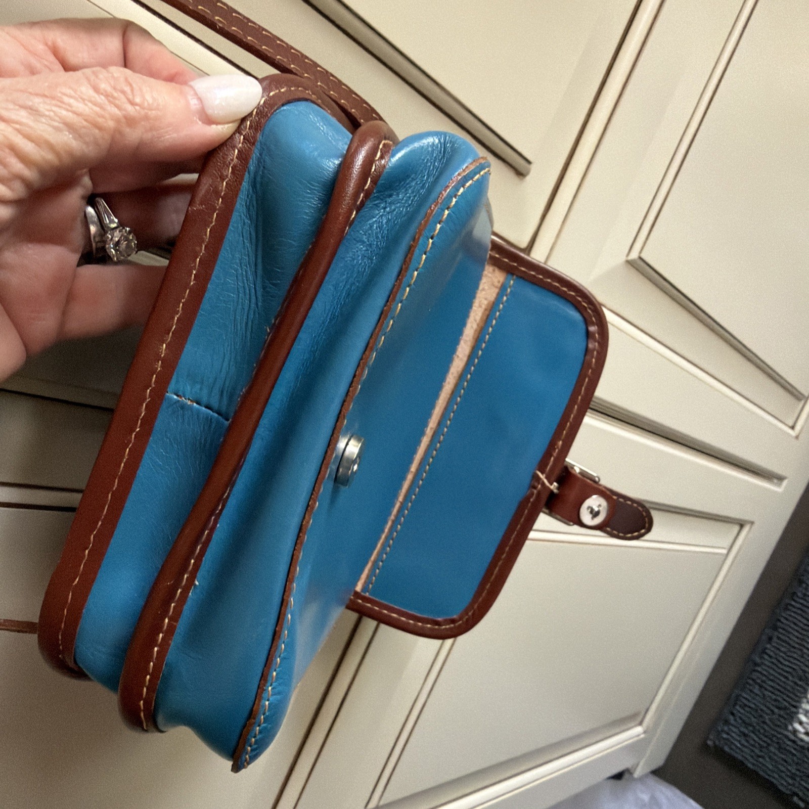 Vera Pelle Leather Crossbody Saddle Bag Genuine Italian Small Teal Blue/Brown