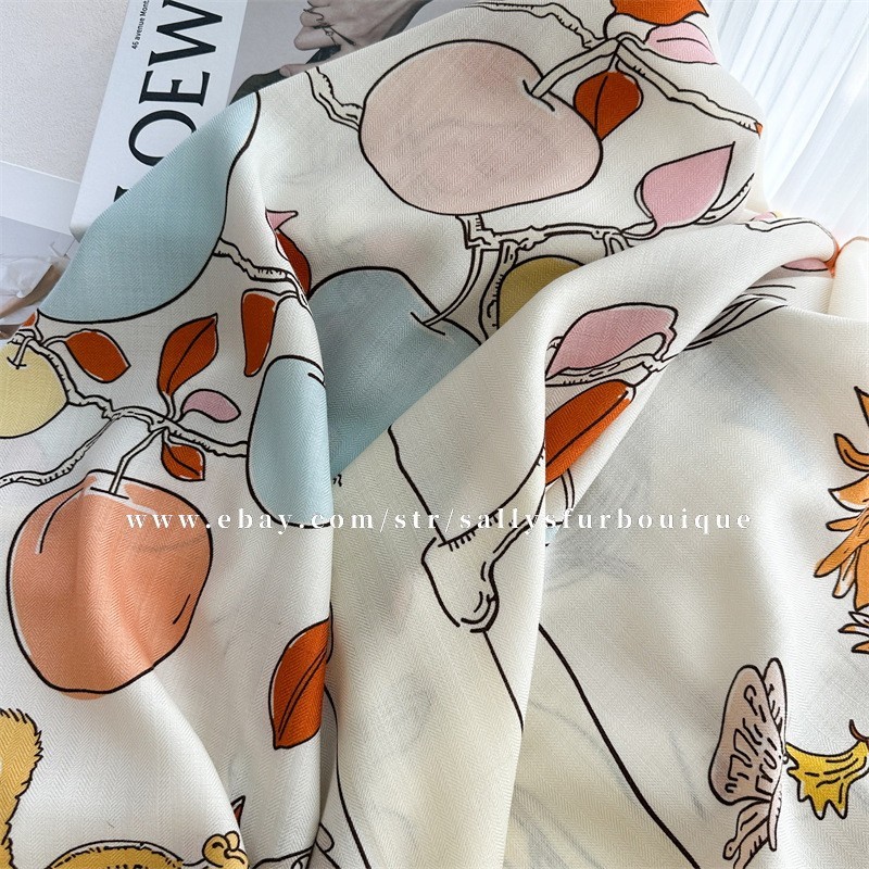 Sallys 70% Cashmere 30% Silk Wrap Scarf Apple Trees Print 2 Face Shawl 53″ Cream