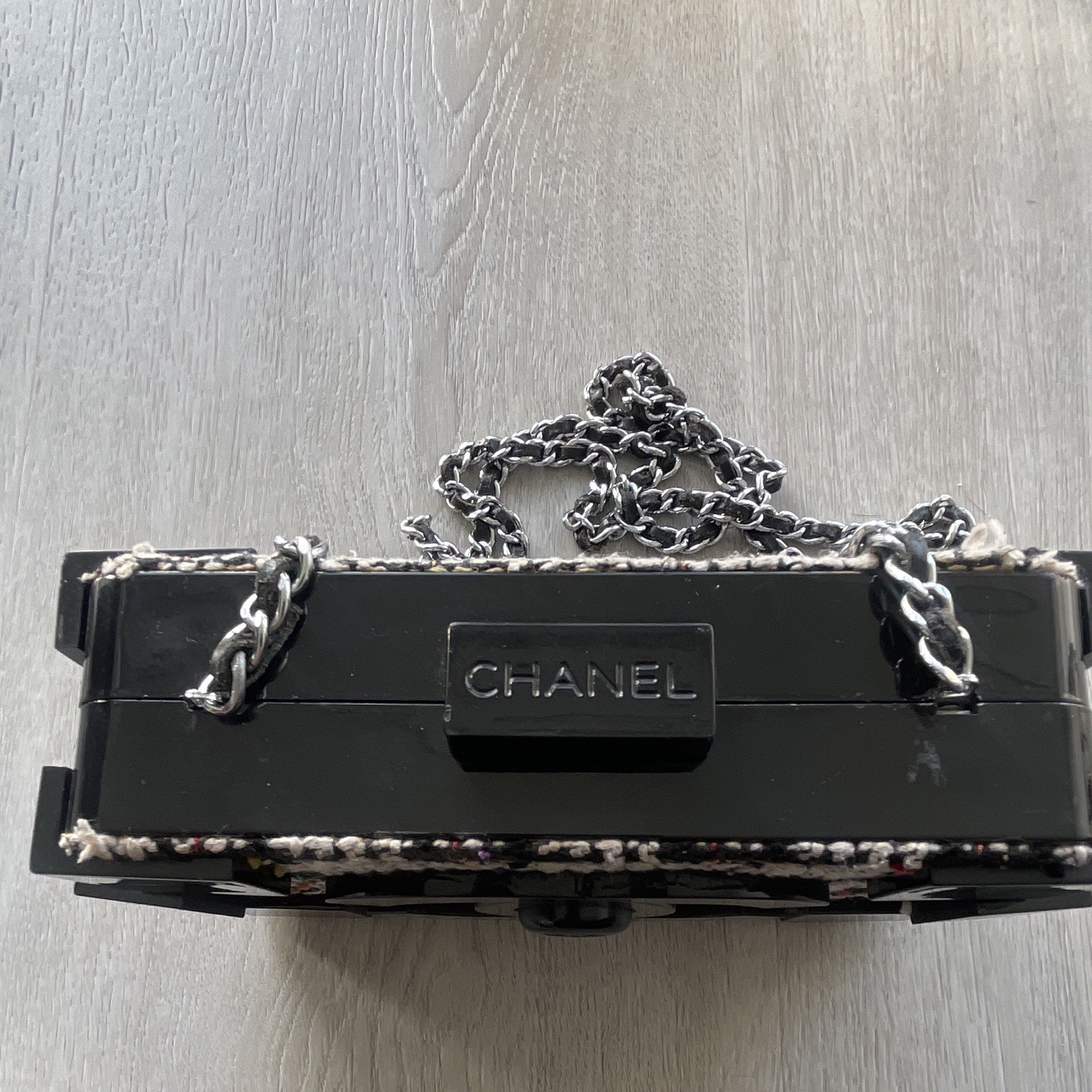 CHANEL Lego Tweed Box Flap Chain Shoulder Bag Turn Lock Black/White Multicolor