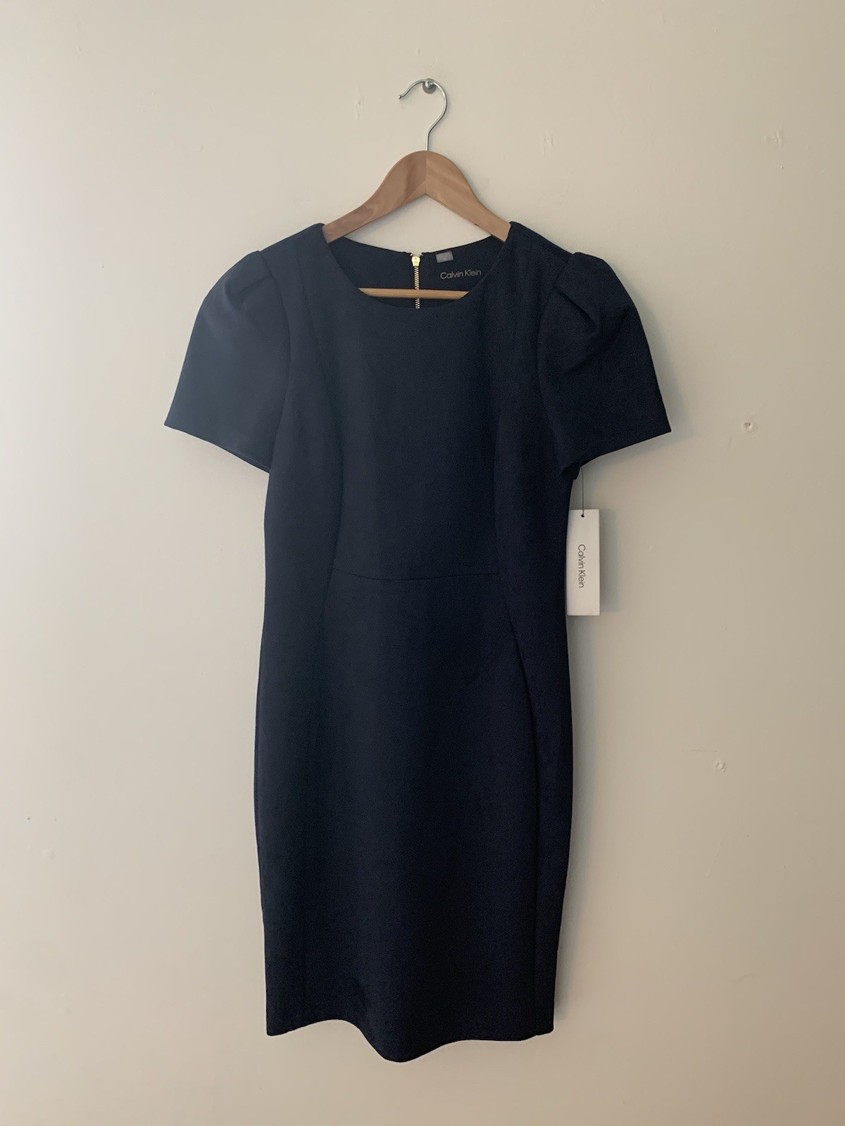 NWT Calvin Klein Pencil Dress 10 Navy Puff Sleeve Wear To Work Office Hourglass