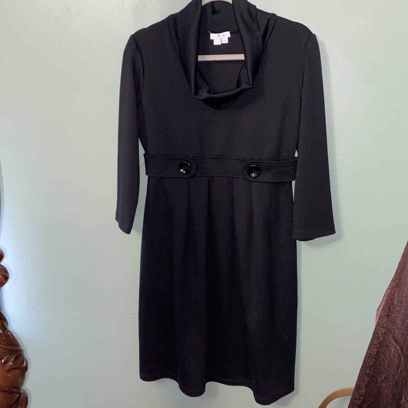 London Times Womens Sz 6 Black Cowl Neck Dress RN58142 – 3/4 Sleeve