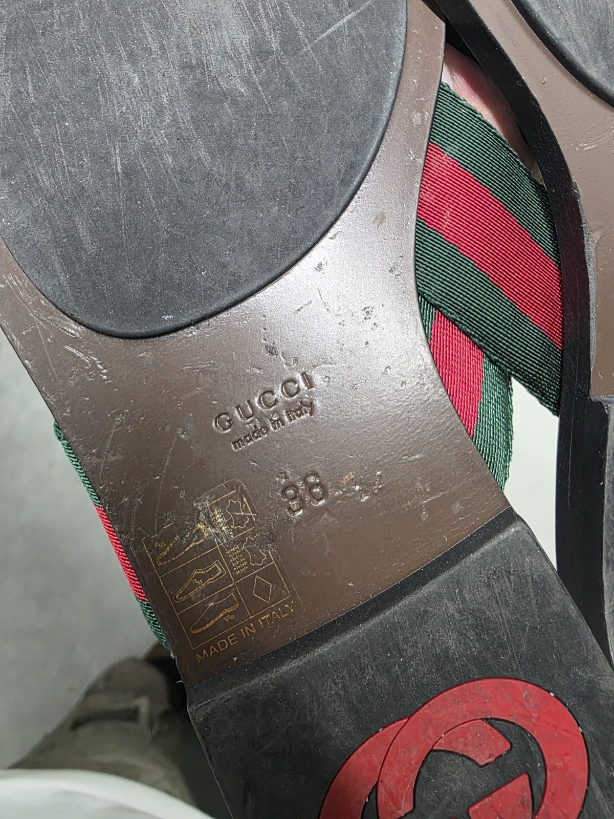 Gucci Web GG Monogram Thong Sandals, Women’s Size36, Brown Green Red, ITALY