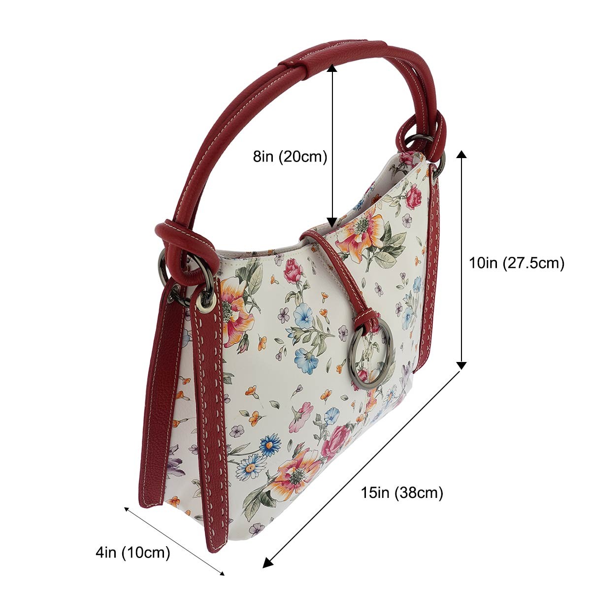 Fioretta Italian Genuine Leather Flower Pattern Zippered Top Tote Shoulder Bag H