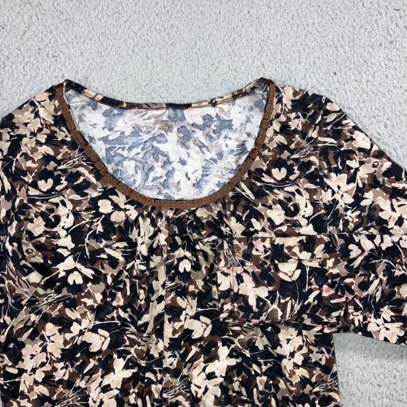 Floral Cottagecore Top Small Brown Scoop Neck Cotton Earthy Neutral Classic L/S