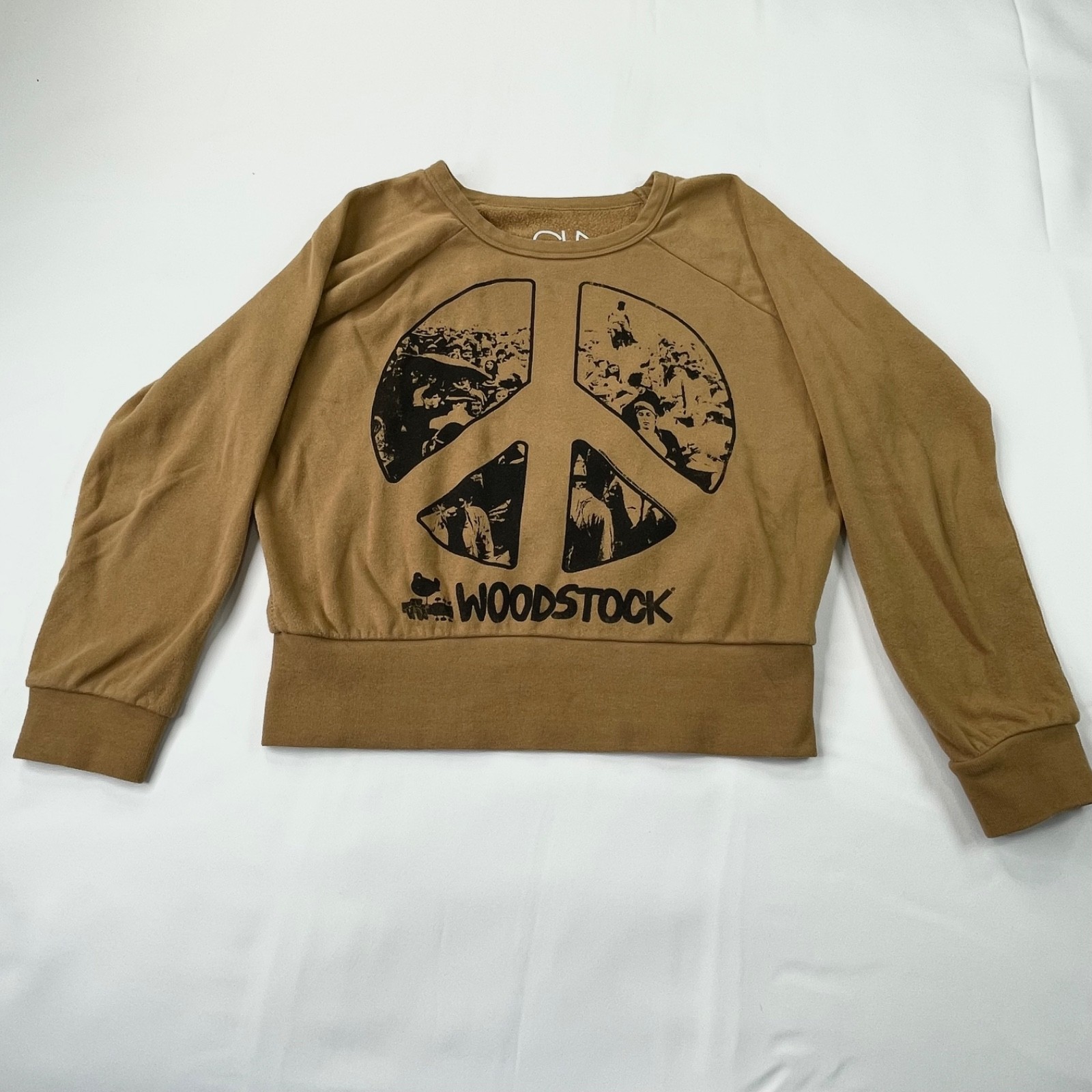 Chaser Woodstock Peace Sign Cropped Mustard Brown Sweatshirt Womens XS