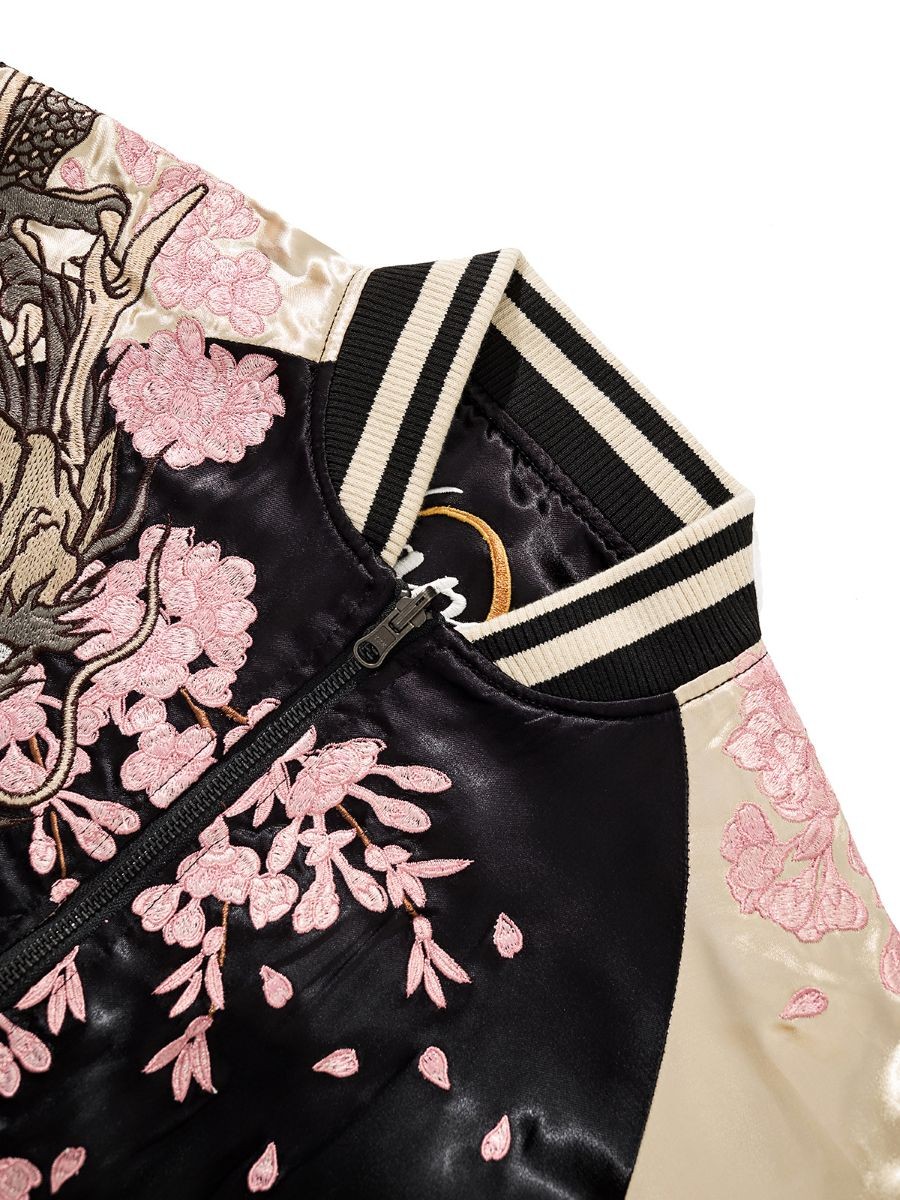 Japanese Embroidered Sukajan Reversible Bomber Jacket 3XL Black Ivory DH-S007