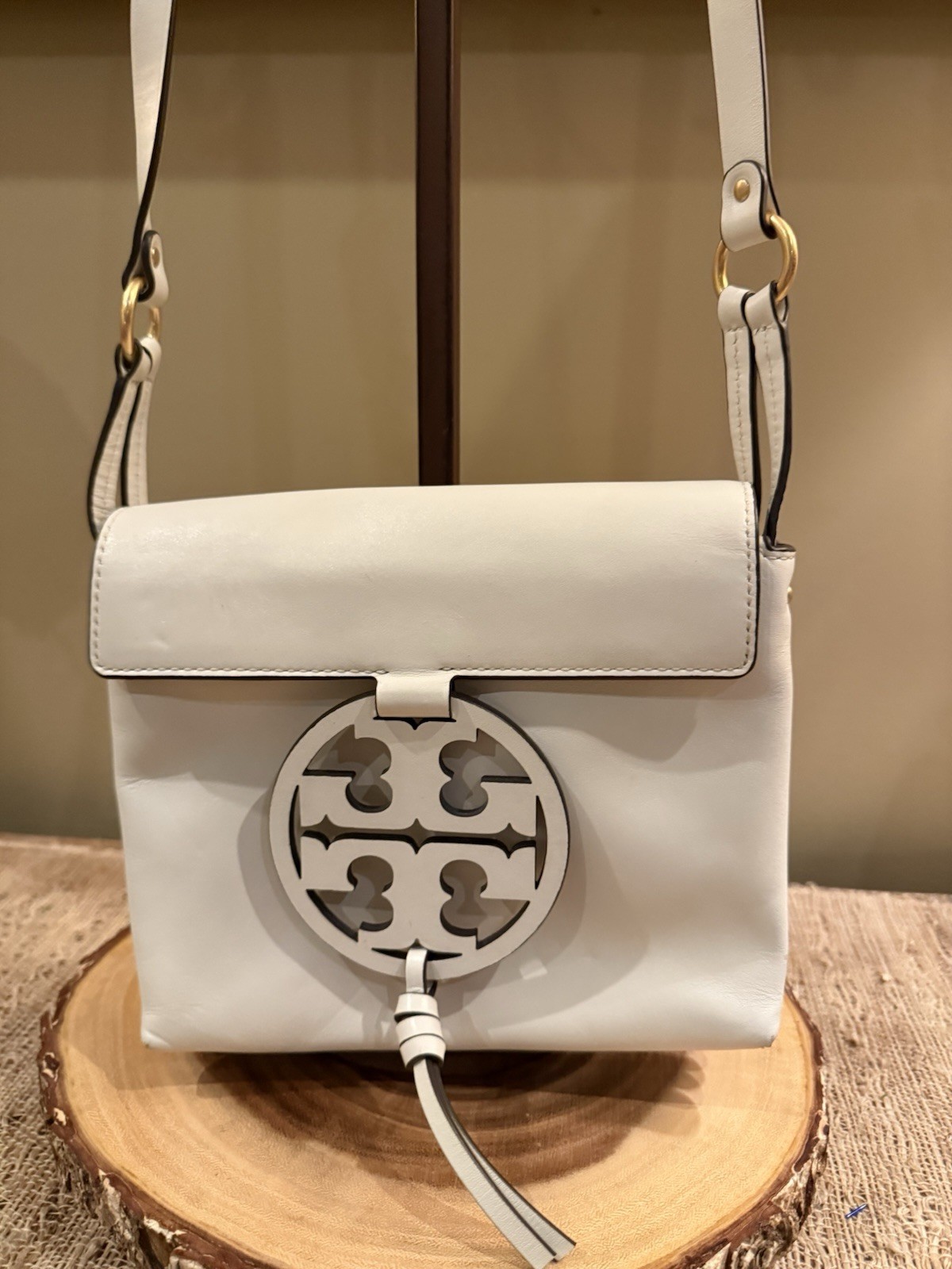 Tory Burch Miller Logo Leather Flap Crossbody Birch White Brushed Gold 398$