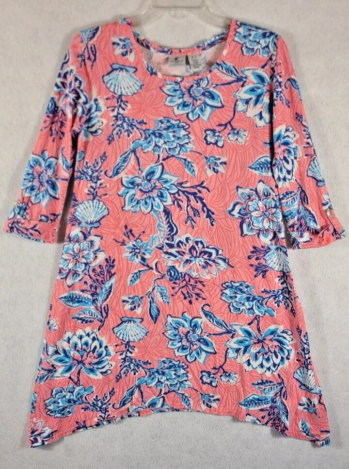 Caribbean Joe Dress Tunic High Low Shark Bite Floral 3/4 Sleeve Womens Small