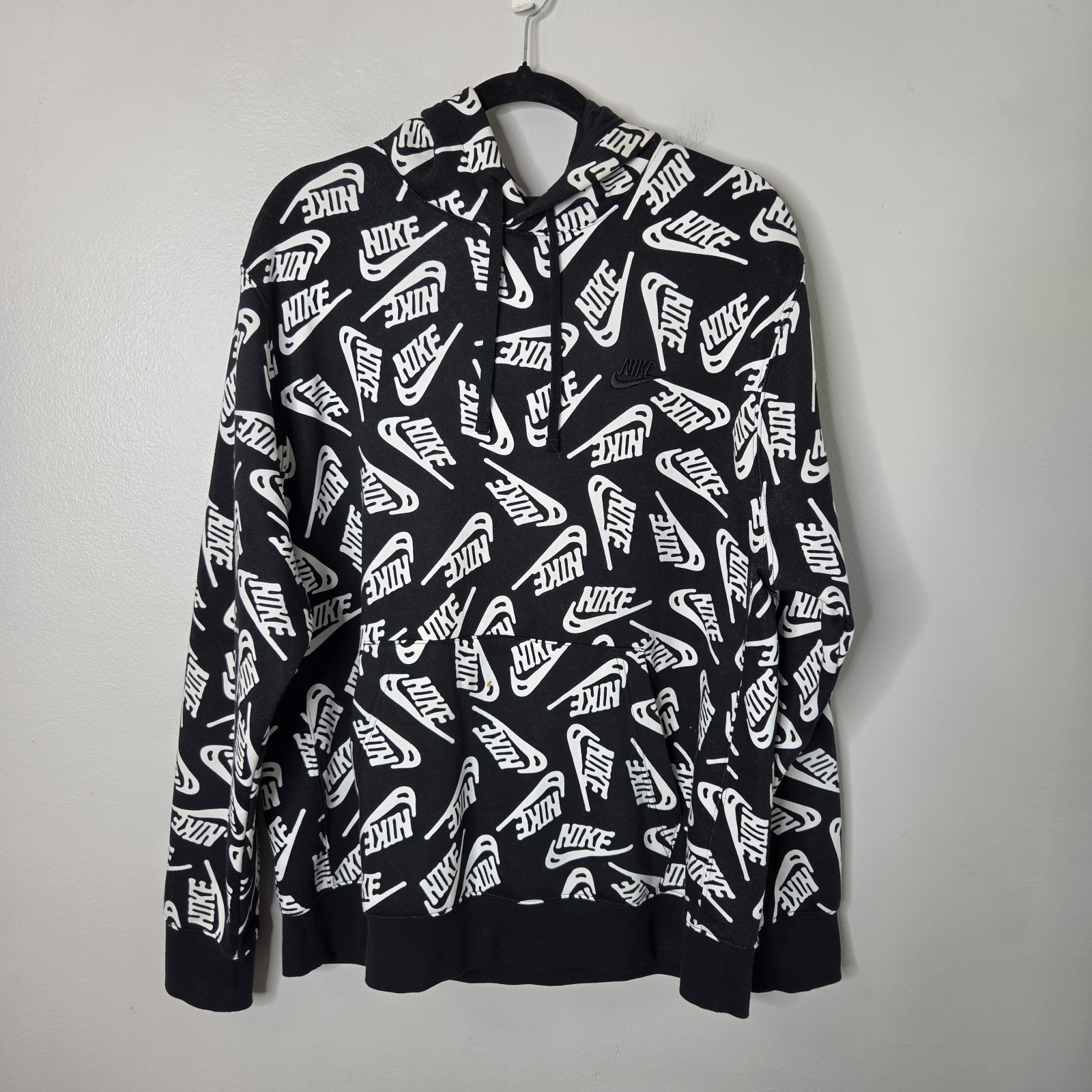 Nike L Black/White All-Over Logo Hoody Pullover Sweatshirt