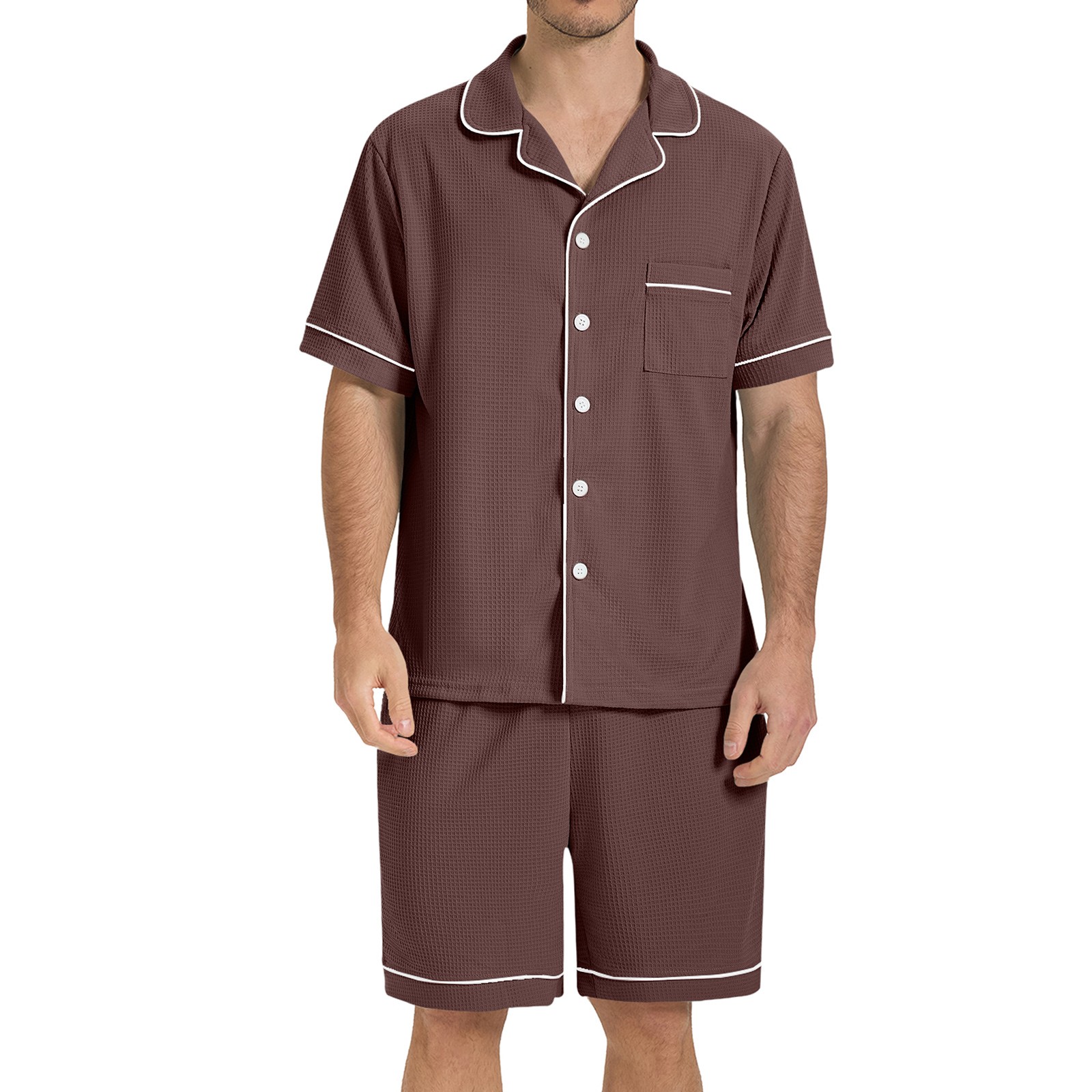 SIORO Men Waffle Knit Pajamas Set Short Sleeve Sleepwear Button Down Loungewear