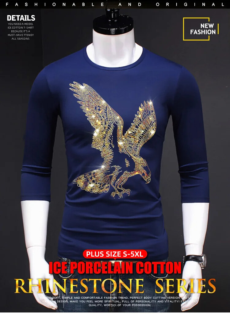 Fashion Trend Eagle Rhinestones Streetwear Long Sleeve Luxury Men V-Neck T-Shirt