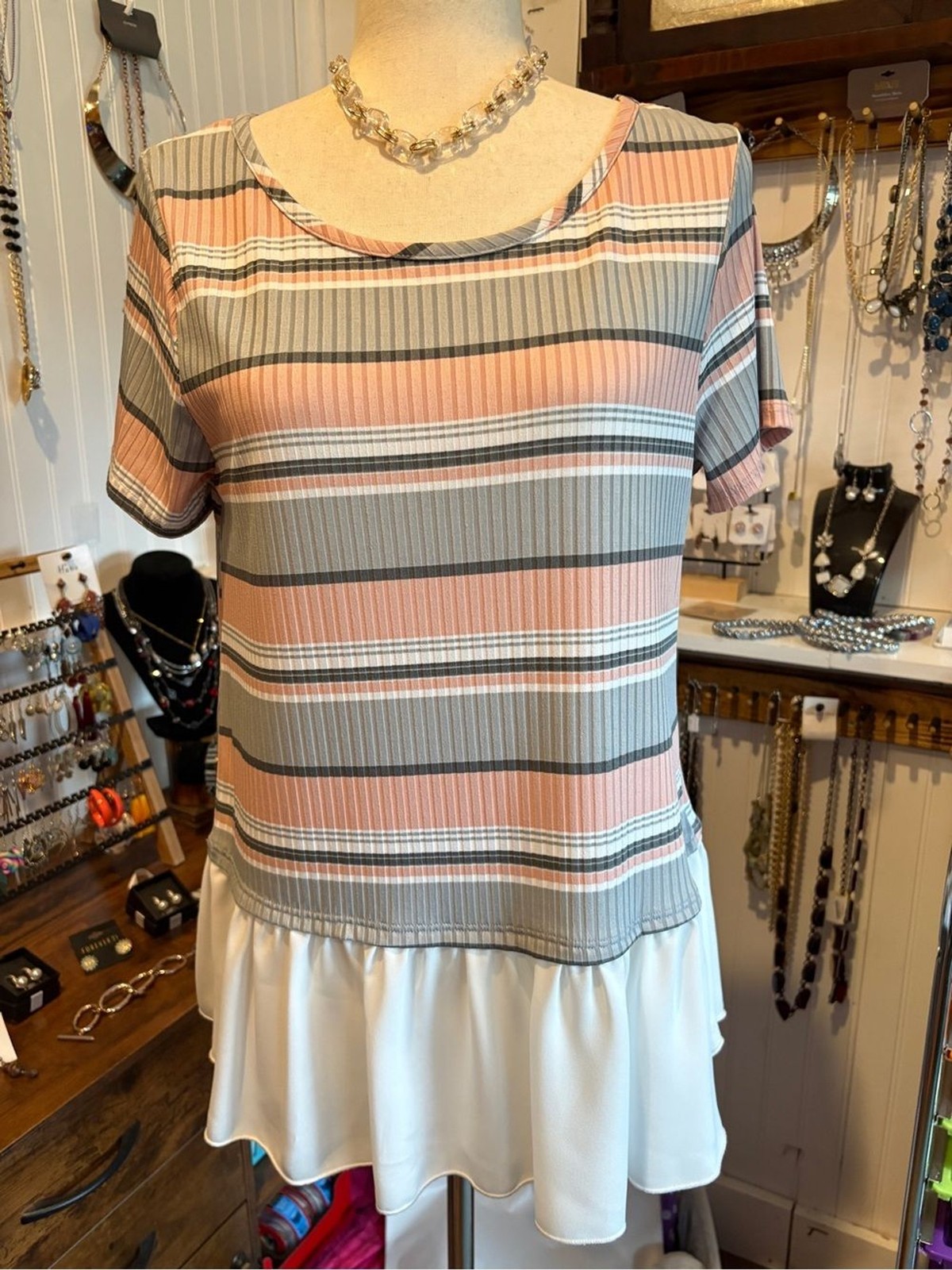 Pink & Gray Striped Ruffle-Hem Top Made in USA 🇺🇸