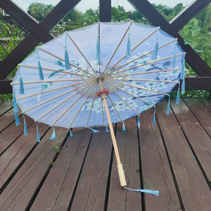 Cloth Parasol Umbrella 82cm Long Handle Silk Tassel Hanfu Cosplay Photo Prop